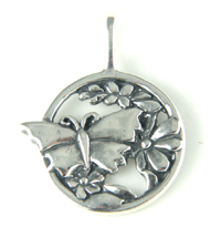 Silver Butterfly and Flowers Pendant