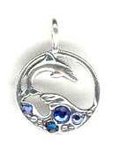 Silver dolphin charm or pendant with blue crystals