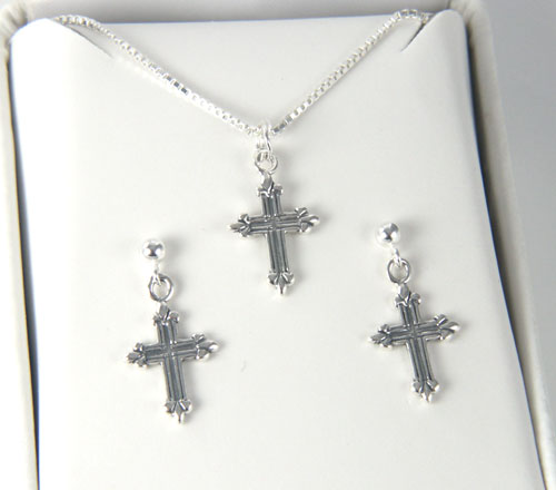 Sterling silver cross necklace & earring set